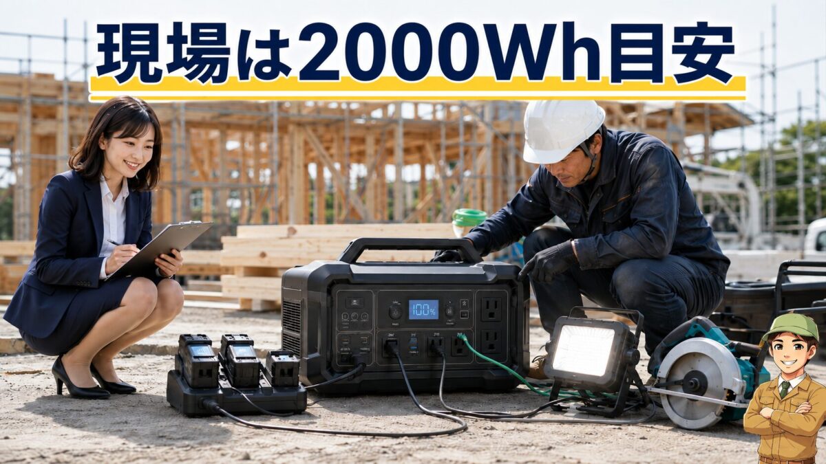 電動工具の充電基地として2000Wh級ポータブル電源を使う現場作業
