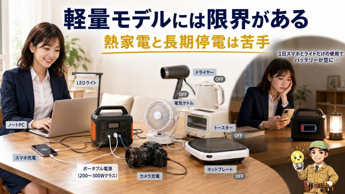 小型電源で使える情報機器と使えない高出力の熱家電を比較した画像
