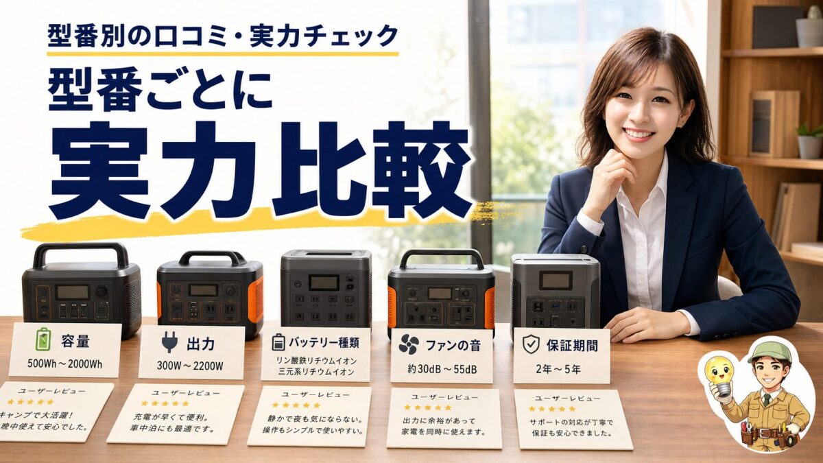 複数のポータブル電源を型番別に口コミと性能で比較する画像