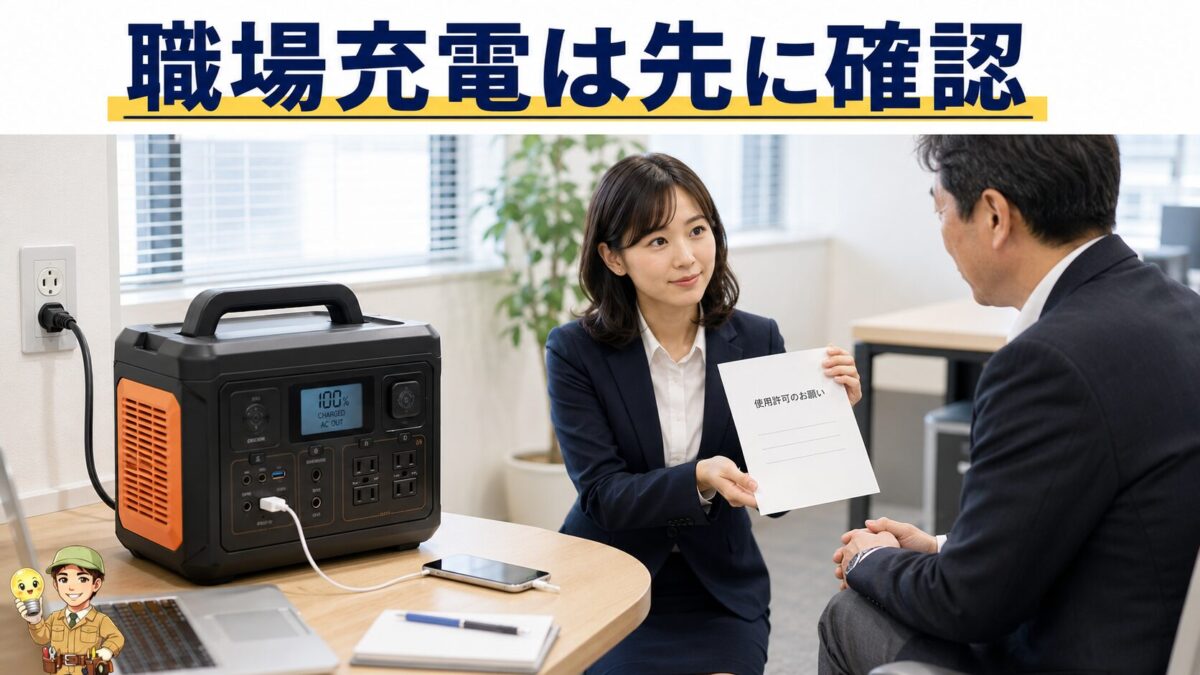 職場でポータブル電源を充電する前に上司へ確認する様子