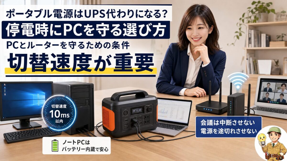 パソコンとルーターを停電から守るための給電条件を示した画像