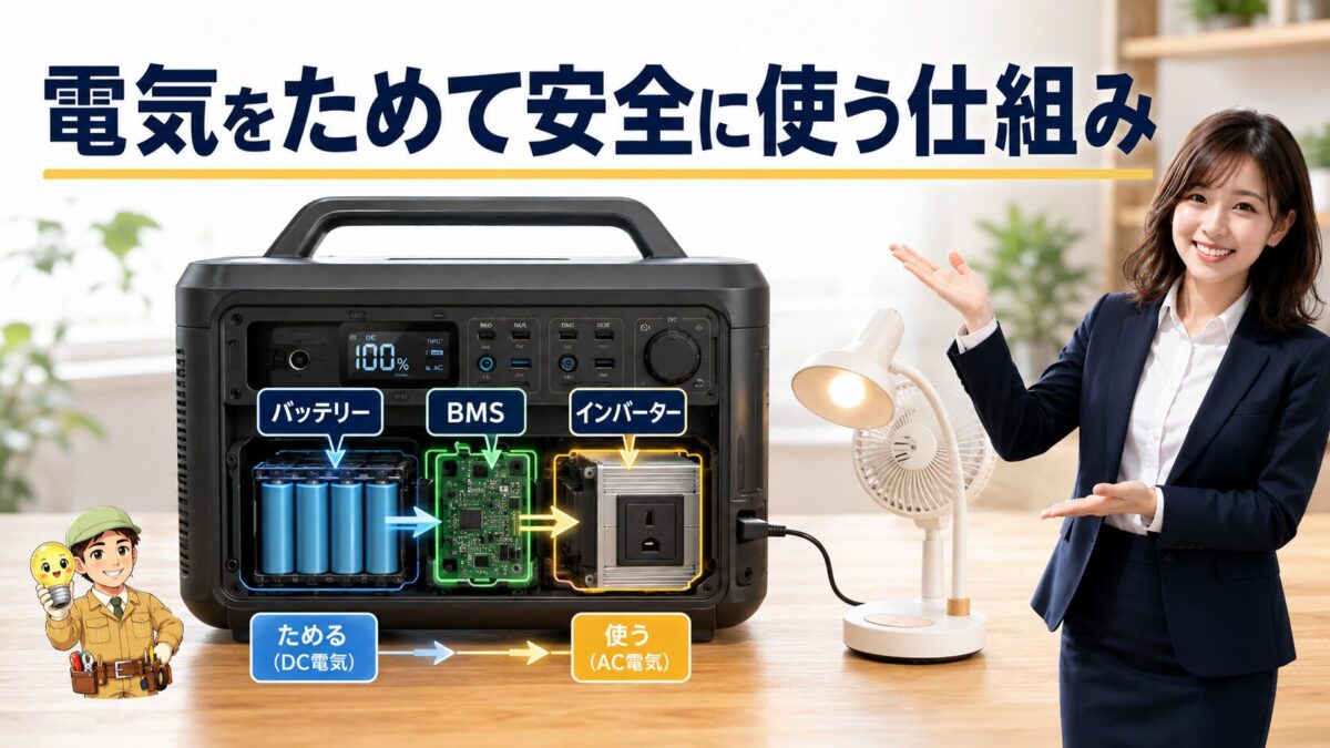 ポータブル電源のバッテリー、BMS、インバーターの内部構造を示す画像
