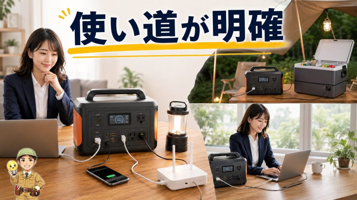 停電やキャンプや仕事でポータブル電源を活用する様子