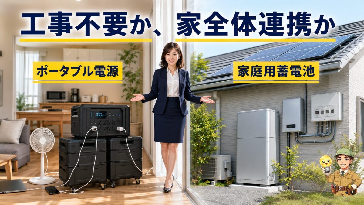 移動できるポータブル電源と据え付け型家庭用蓄電池の比較画像