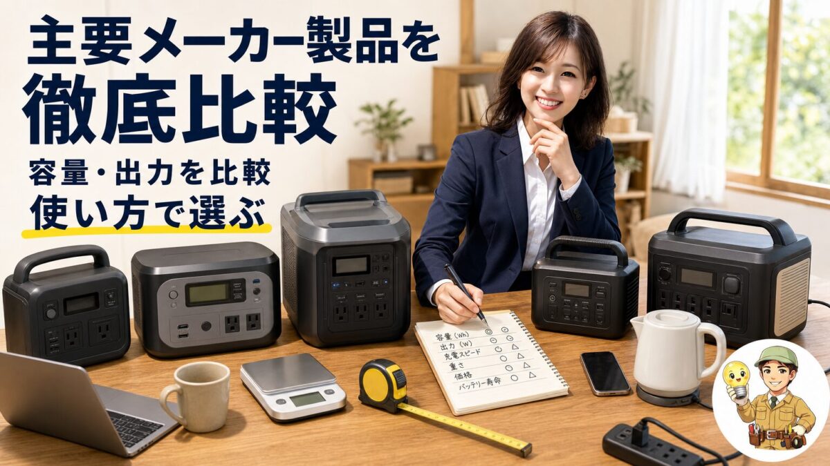 容量や出力や重量が異なる複数のポータブル電源を家庭で比較する様子