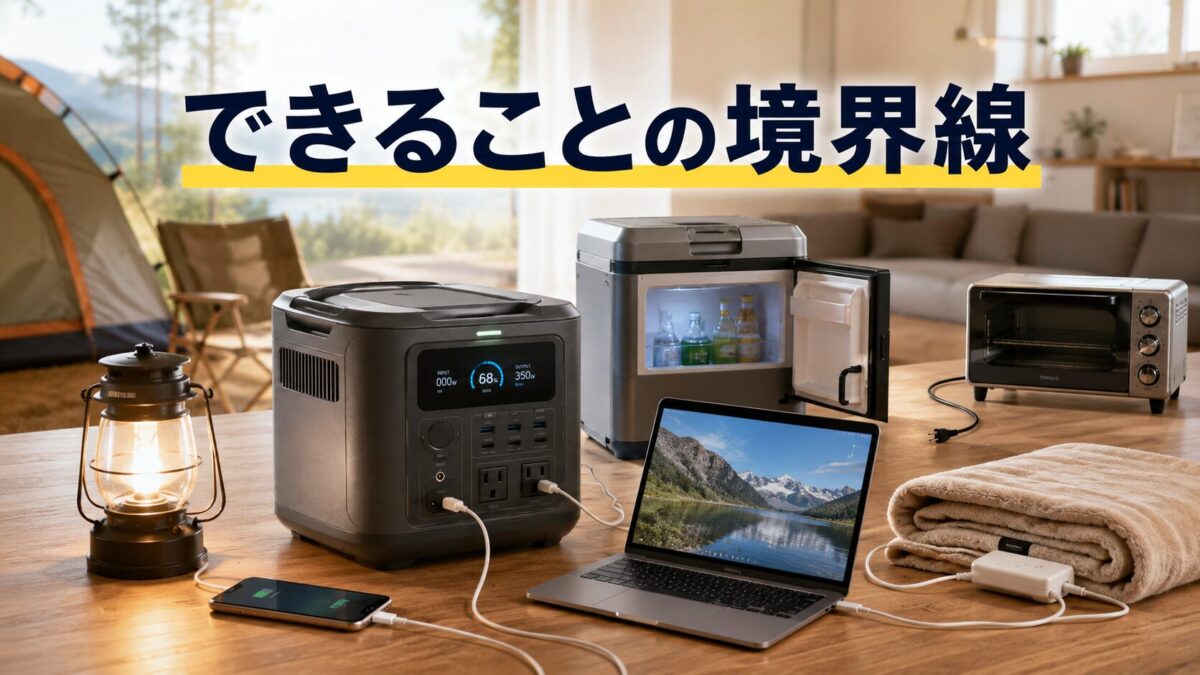 ポータブル電源とモバイルバッテリー、発電機、家庭用蓄電池を比較した場面