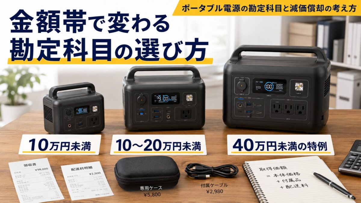 購入金額の違うポータブル電源を勘定科目と取得価額で比較する画像