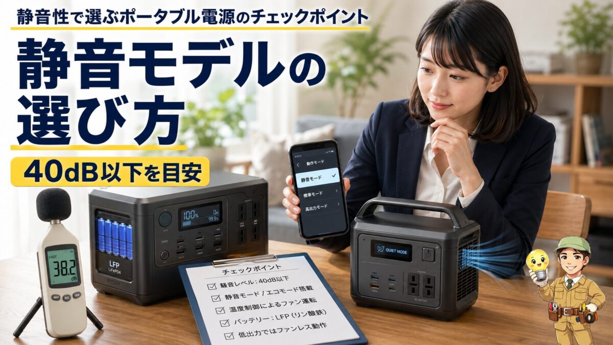 静音性の高いポータブル電源をdBや静音モードなどで比較する様子