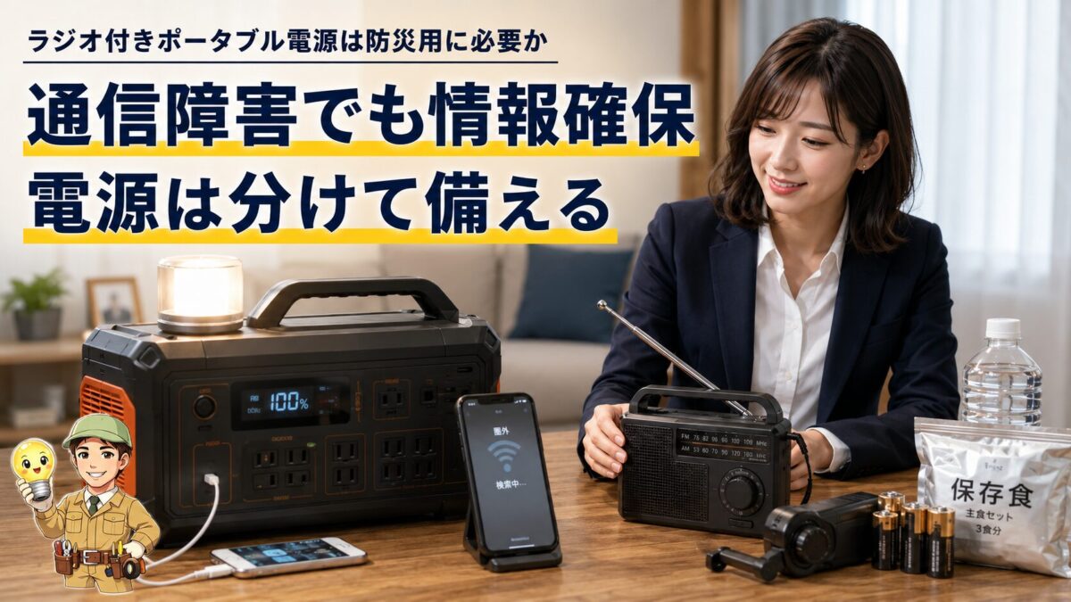 通信障害時に防災ラジオで情報を集めポータブル電源で照明と充電を確保するイメージ