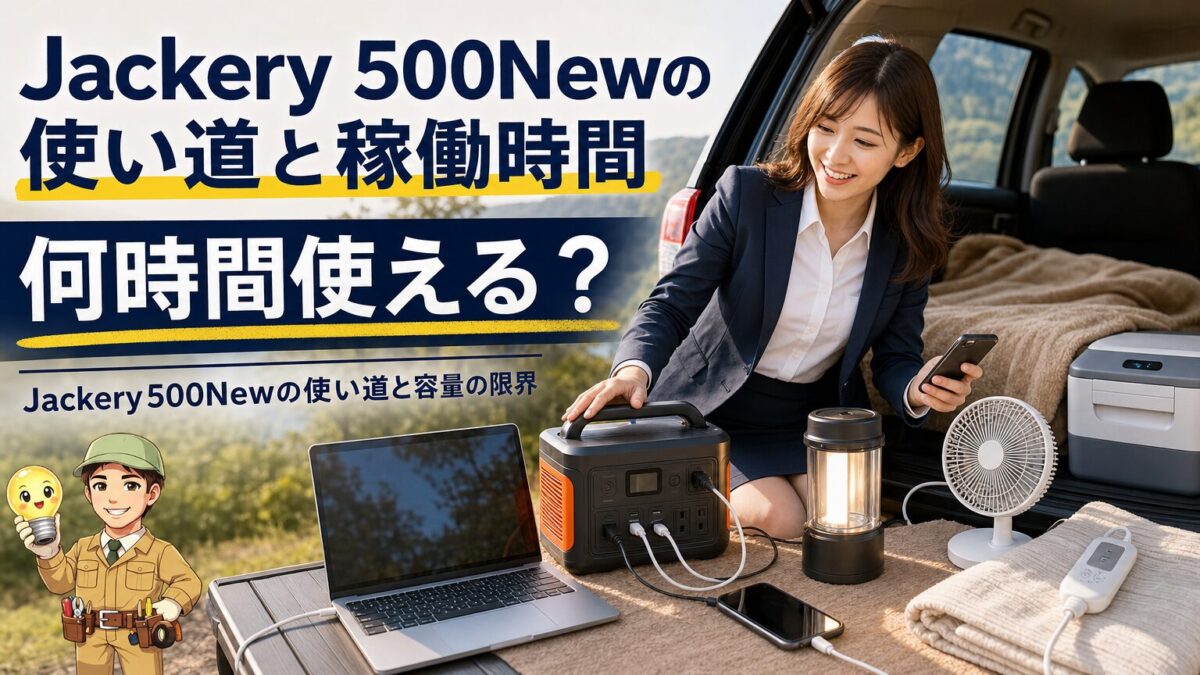 Jackery 500Newで使える機器と稼働時間の目安を表す画像