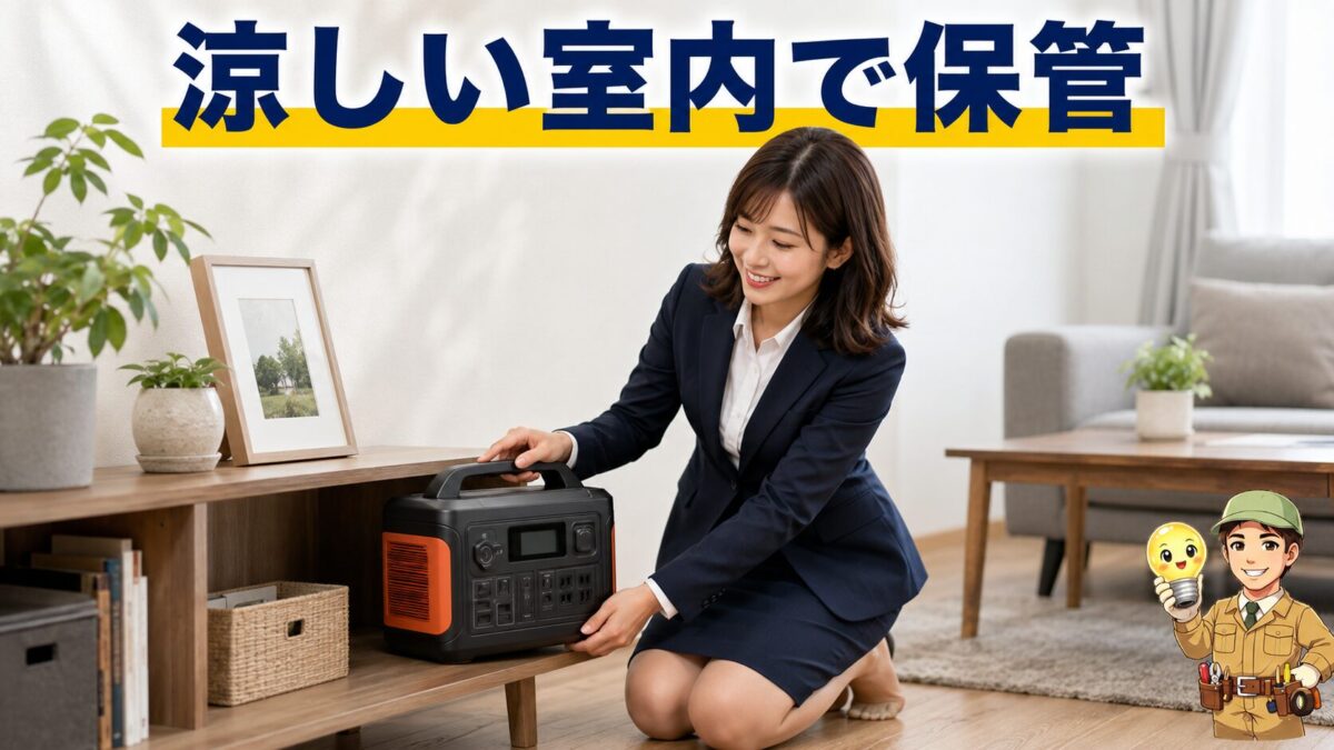 直射日光を避けた涼しい室内の棚に安全に保管されたポータブル電源