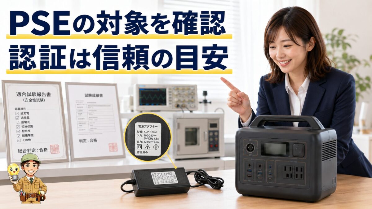 ポータブル電源本体とACアダプターの安全認証の違いを示した画像