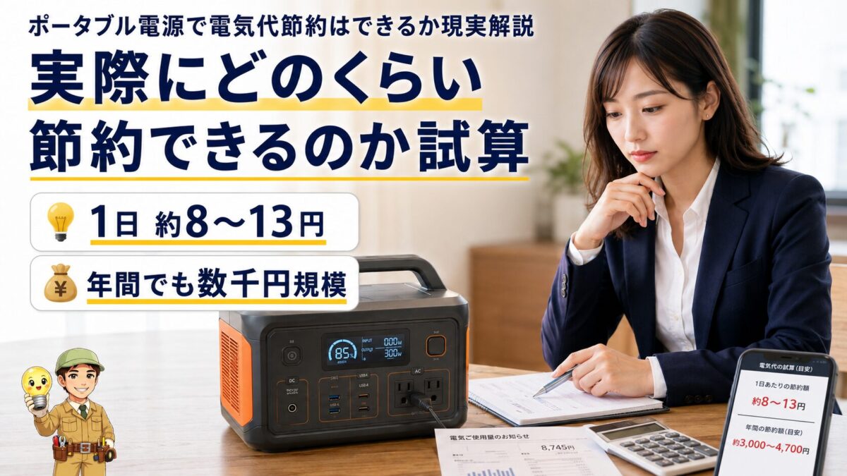 1000Whのポータブル電源で一日約8円から13円の節約額を試算するイメージ