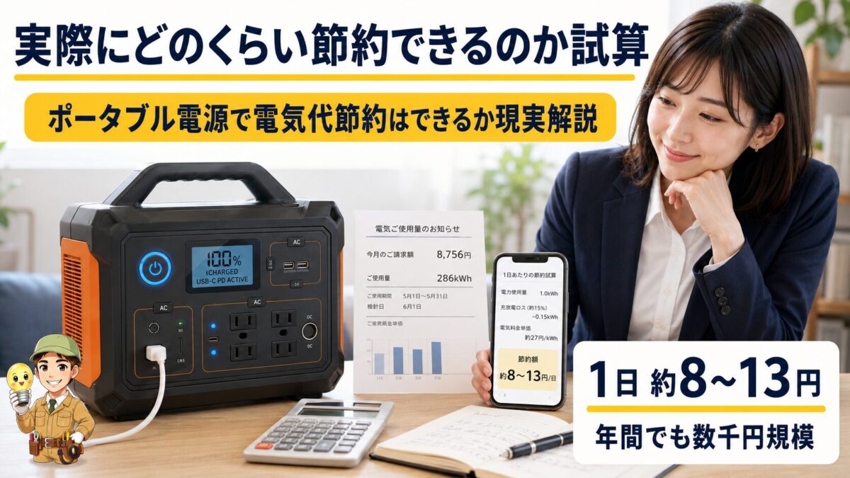 1000Whのポータブル電源で一日約8円から13円の節約額を試算するイメージ