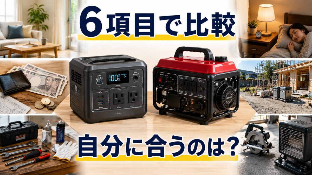 安全性や騒音など6つの観点でポータブル電源と発電機を比較した画像