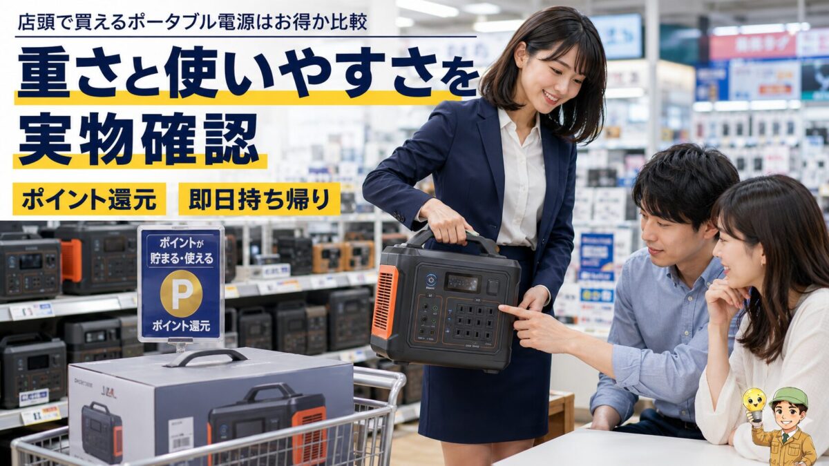 店頭でポータブル電源の重さや操作性を確認しポイント還元を受けるイメージ