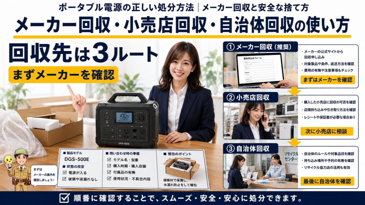 メーカーと販売店と自治体の回収方法を確認するポータブル電源