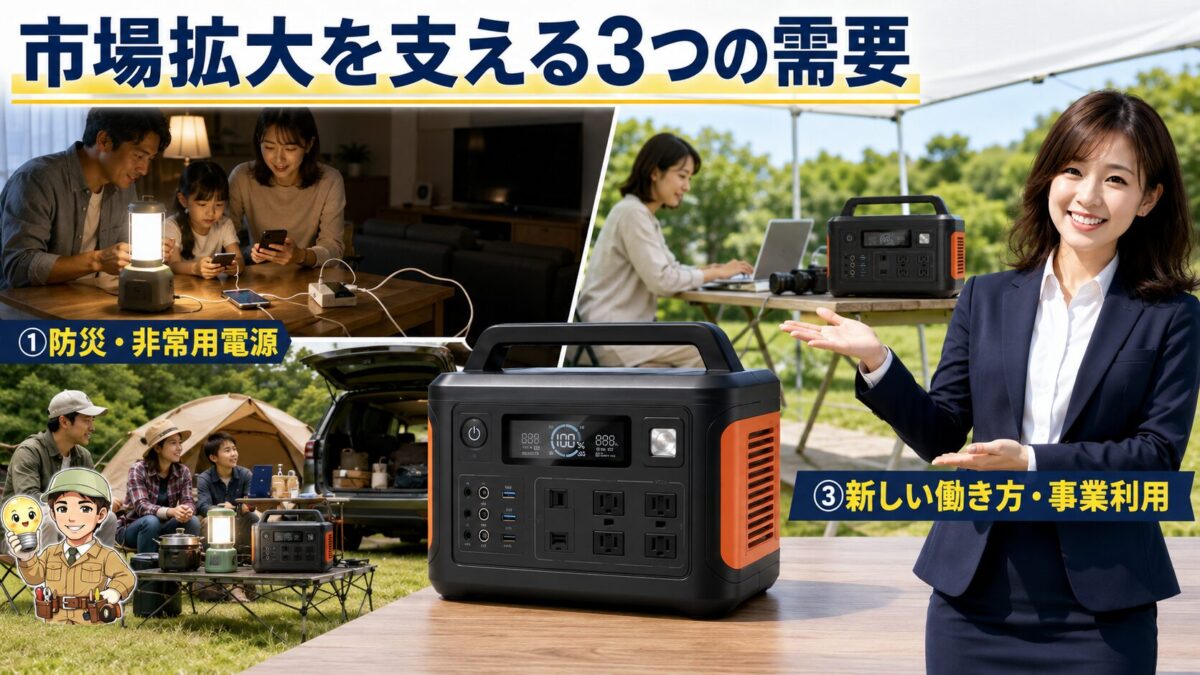 防災とアウトドアと業務利用の3つの需要をポータブル電源で表現した画像