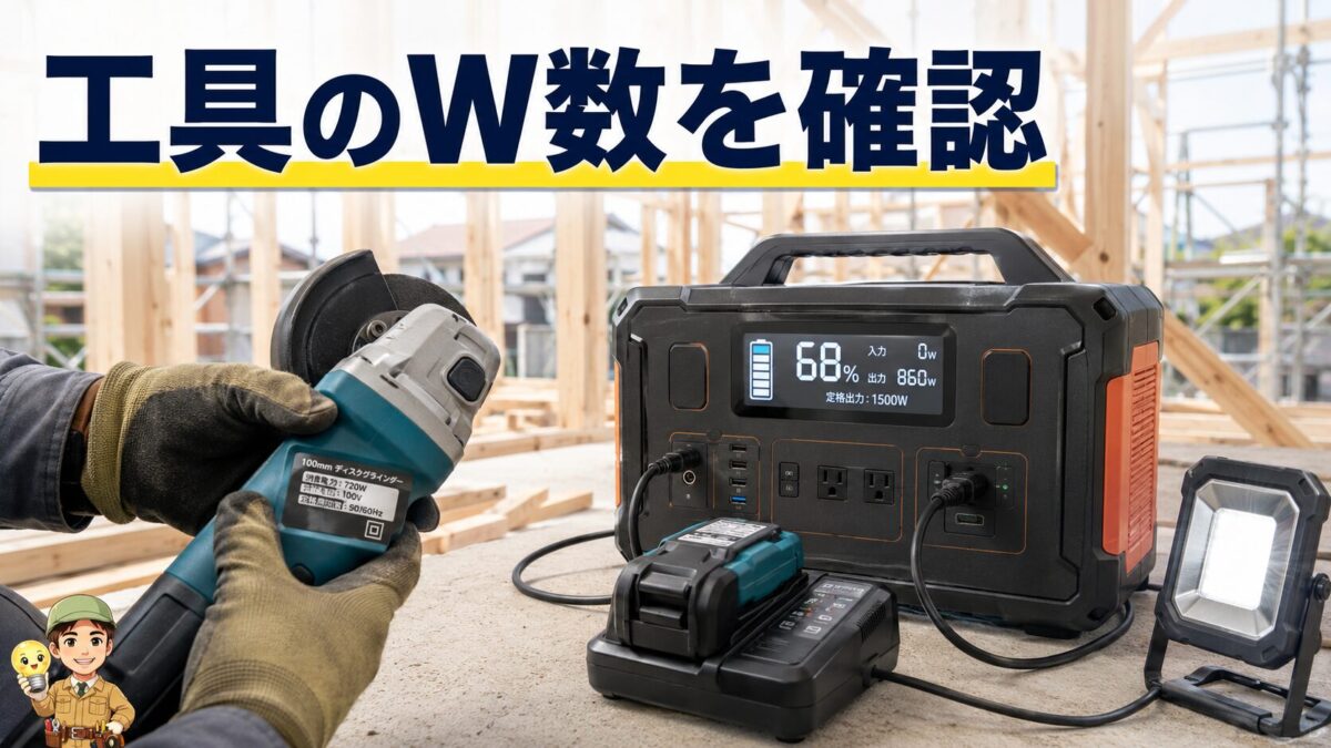 電動工具の消費電力と同時使用時の合計出力を確認する現場