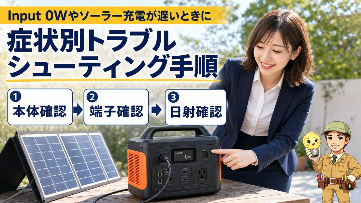 Jackeryソーラー充電の症状別トラブルシューティング手順を示す画像