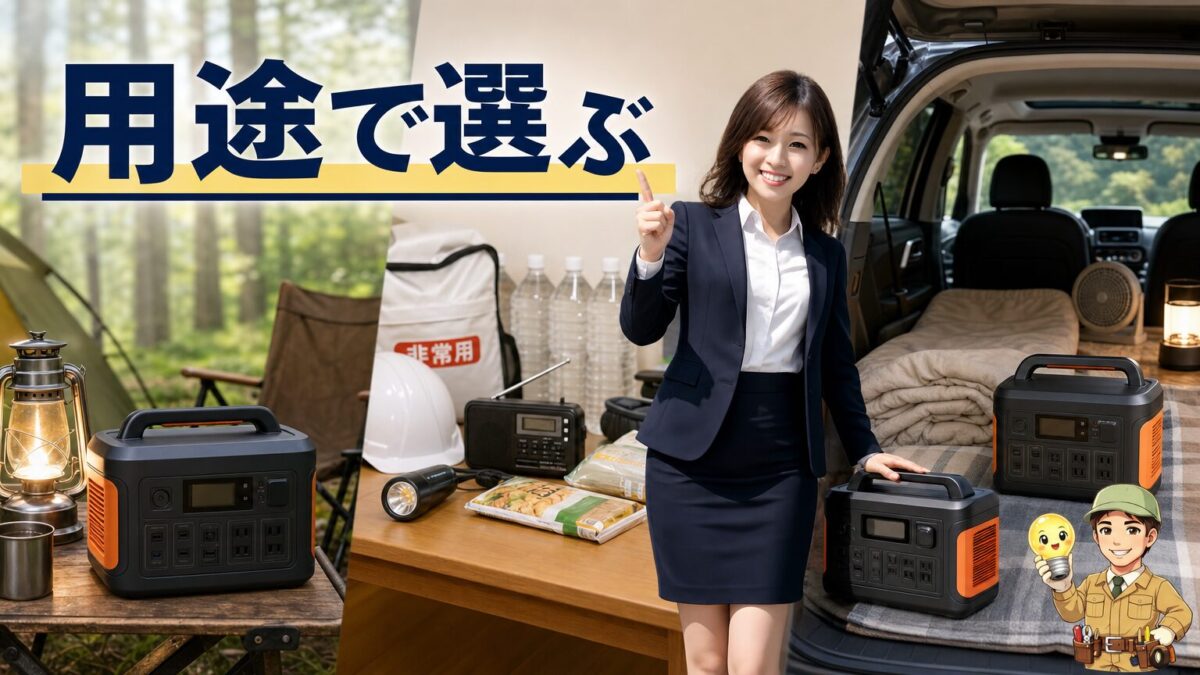 キャンプ防災車中泊の用途別にポータブル電源を選ぶイメージ画像