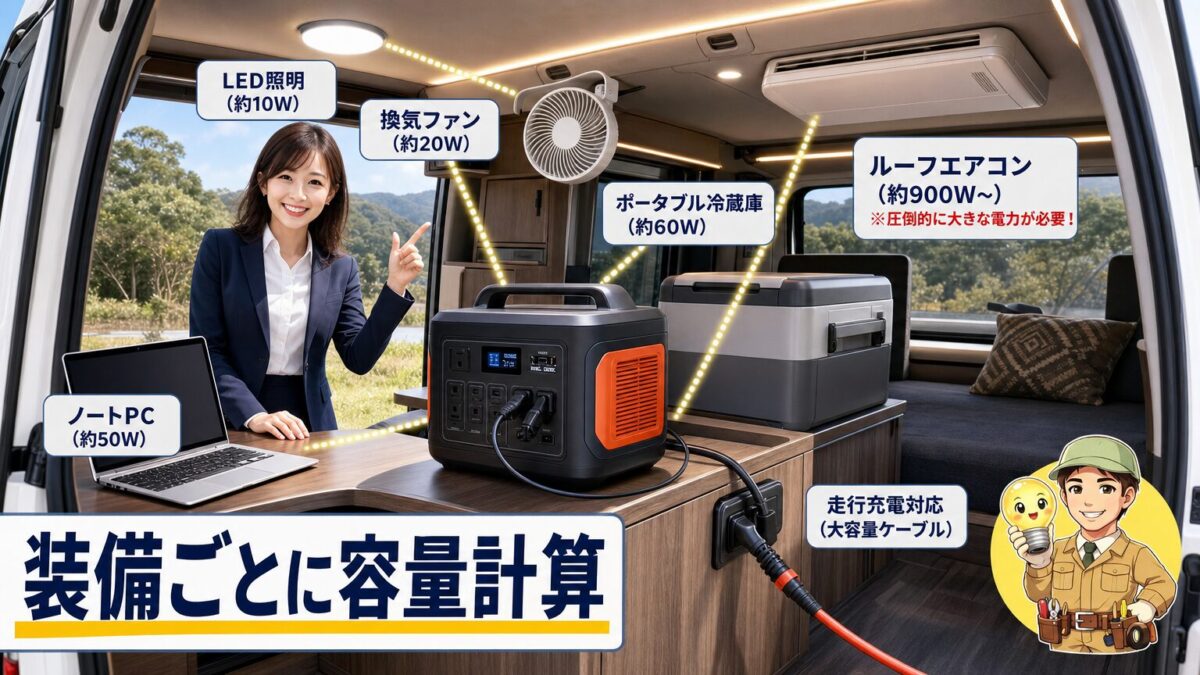 大型バンの照明や冷蔵庫やエアコンを支えるポータブル電源