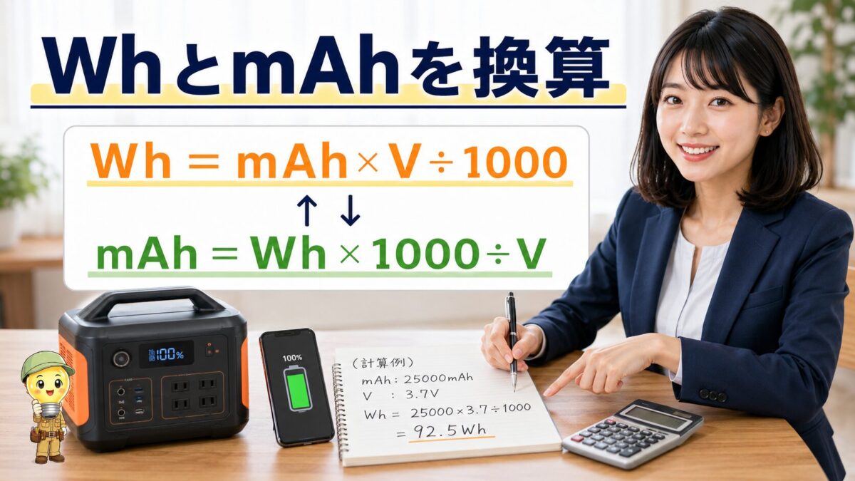 電圧を使ってWhとmAhを換算する計算式を示した画像