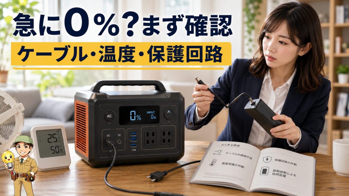 急に0%になったポータブル電源のケーブルと充電状態を確認する場面