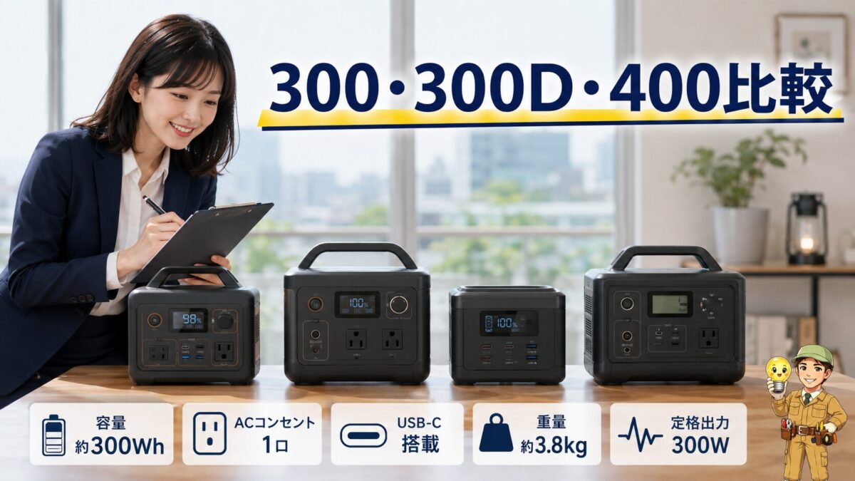 300シリーズと300Dと400クラスの機能差を比較したポータブル電源画像