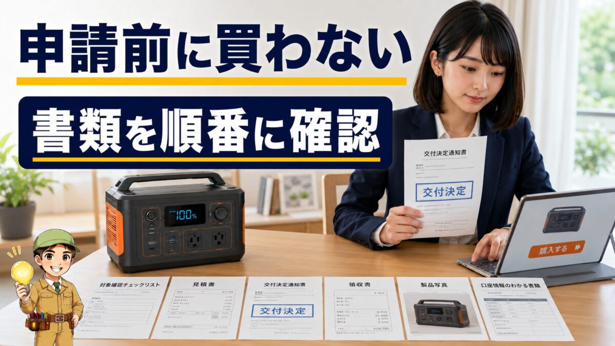 補助金の交付決定前に購入せず必要書類を順番に確認する場面を表現した画像