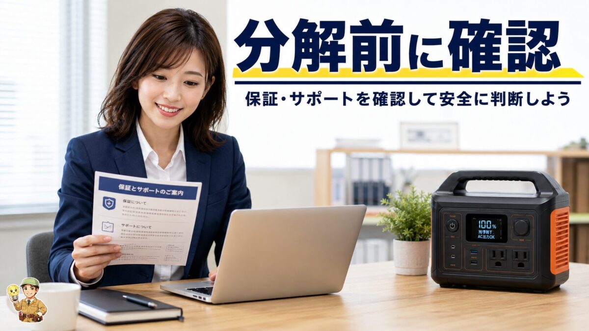 ポータブル電源を分解する前に保証や修理を確認するイメージ