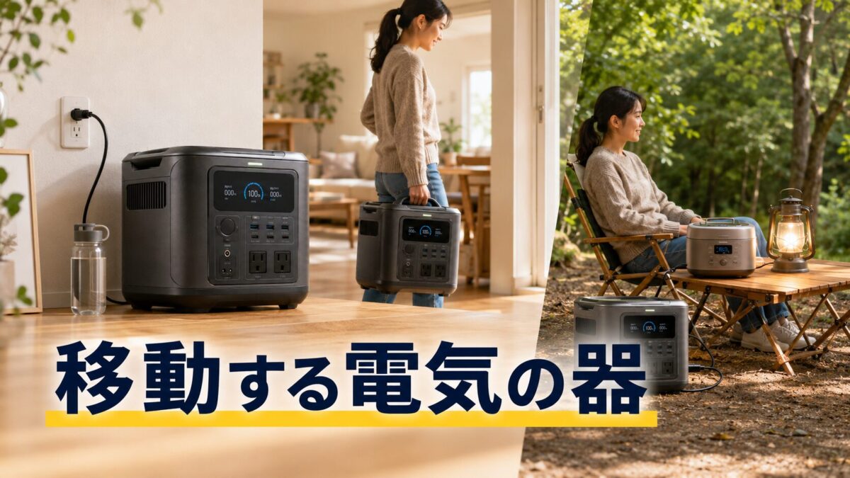 ポータブル電源で複数の小型家電を動かしながら容量と出力の限界を示す場面