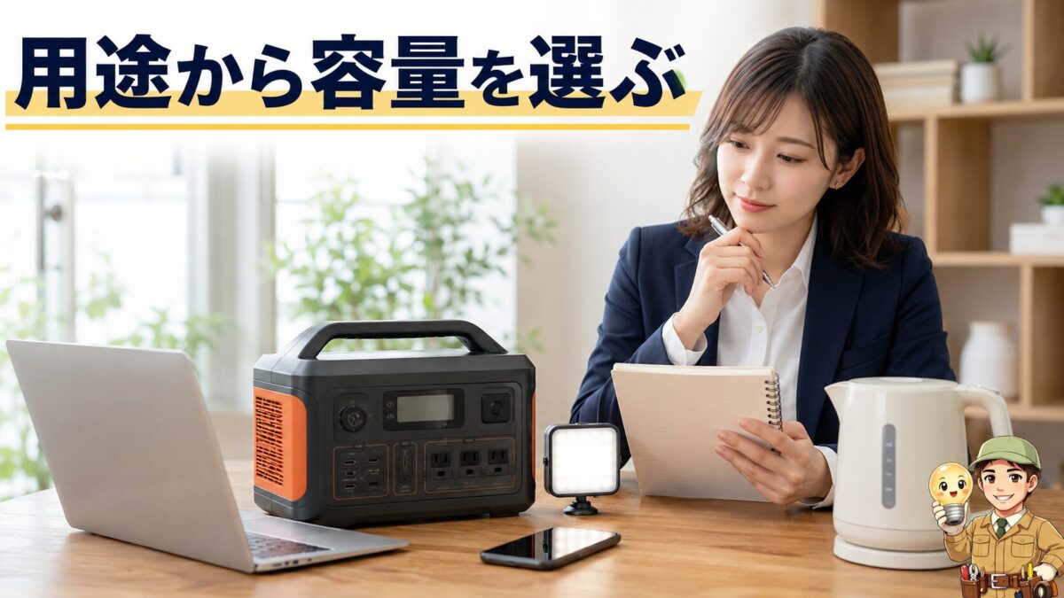 使いたい家電と利用時間を確認しながらポータブル電源の容量を選ぶ場面