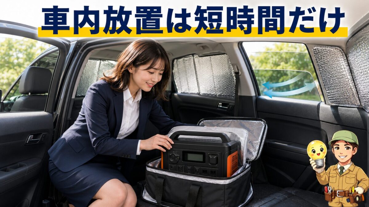 サンシェードと断熱バッグで車内のポータブル電源を一時的に保護する様子