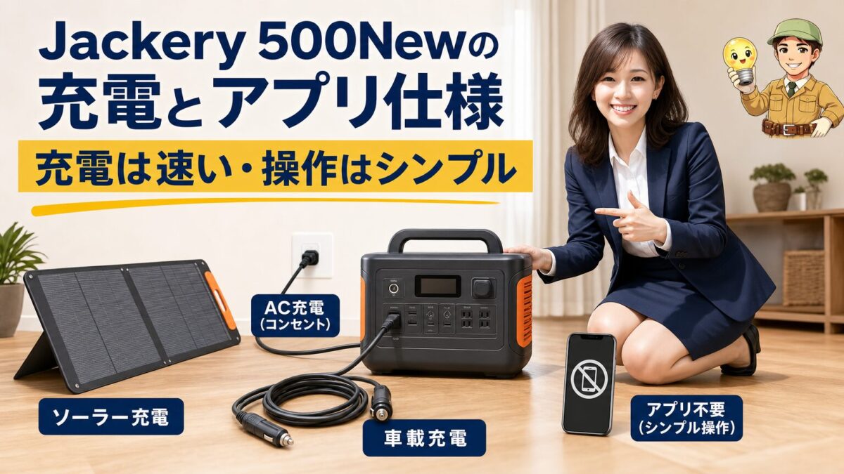 Jackery 500Newの充電方法とアプリ非対応の仕様を示す画像