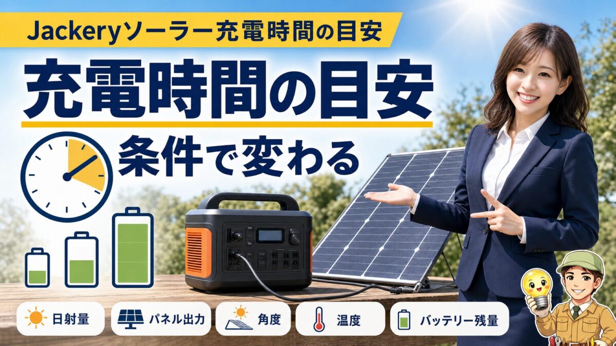 Jackeryソーラー充電時間の目安と条件による違いを示す画像