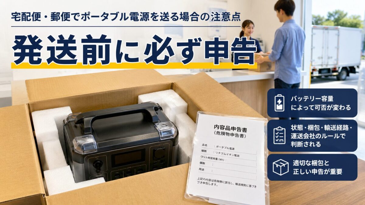 緩衝材と申告書を使って宅配用の箱に梱包されるポータブル電源