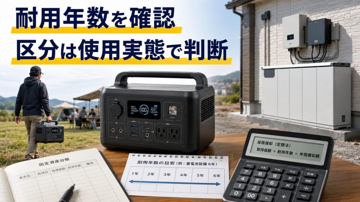 ポータブル電源の資産区分、耐用年数、減価償却計算を表現した画像