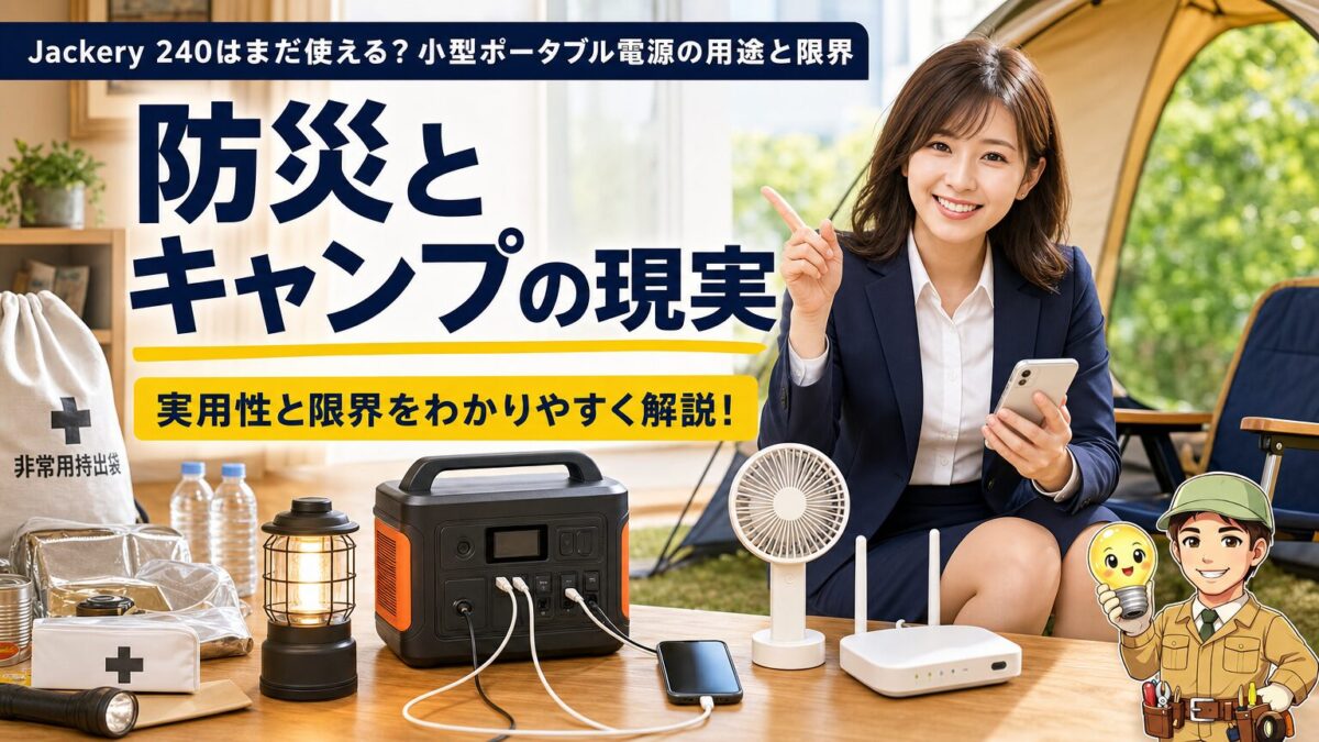 防災とキャンプで小型ポータブル電源が役立つ場面と限界を示す画像