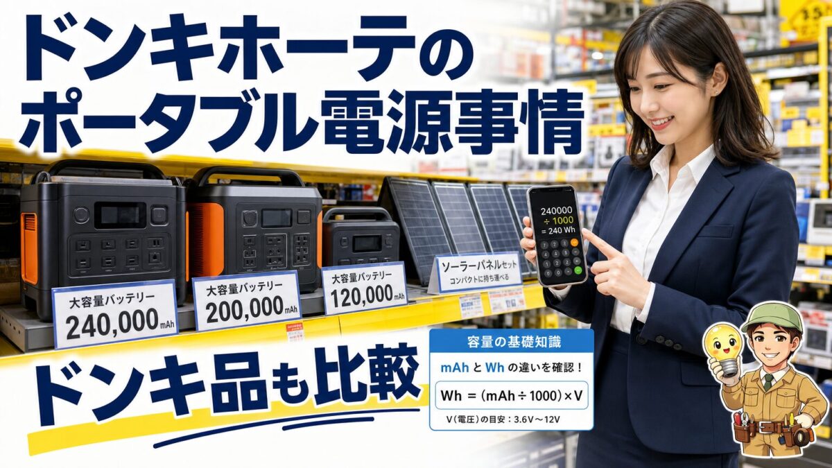 ドンキホーテ系のポータブル電源を容量表記から比較する画像