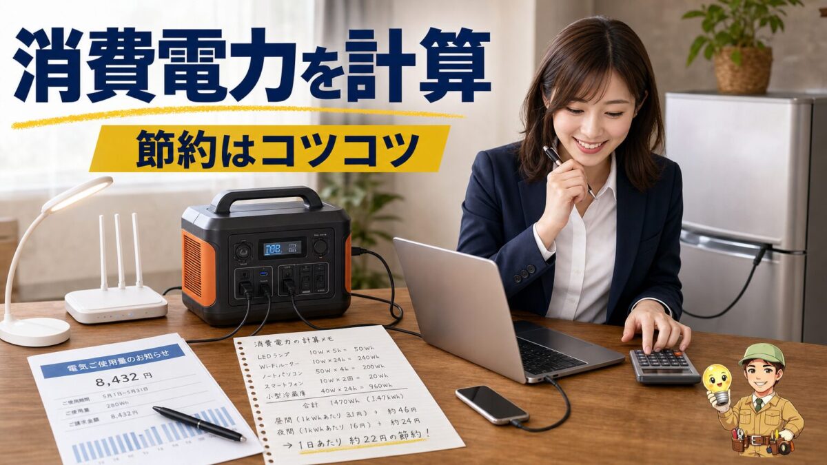 家電の消費電力と電気料金を確認しながらポータブル電源を使う家庭