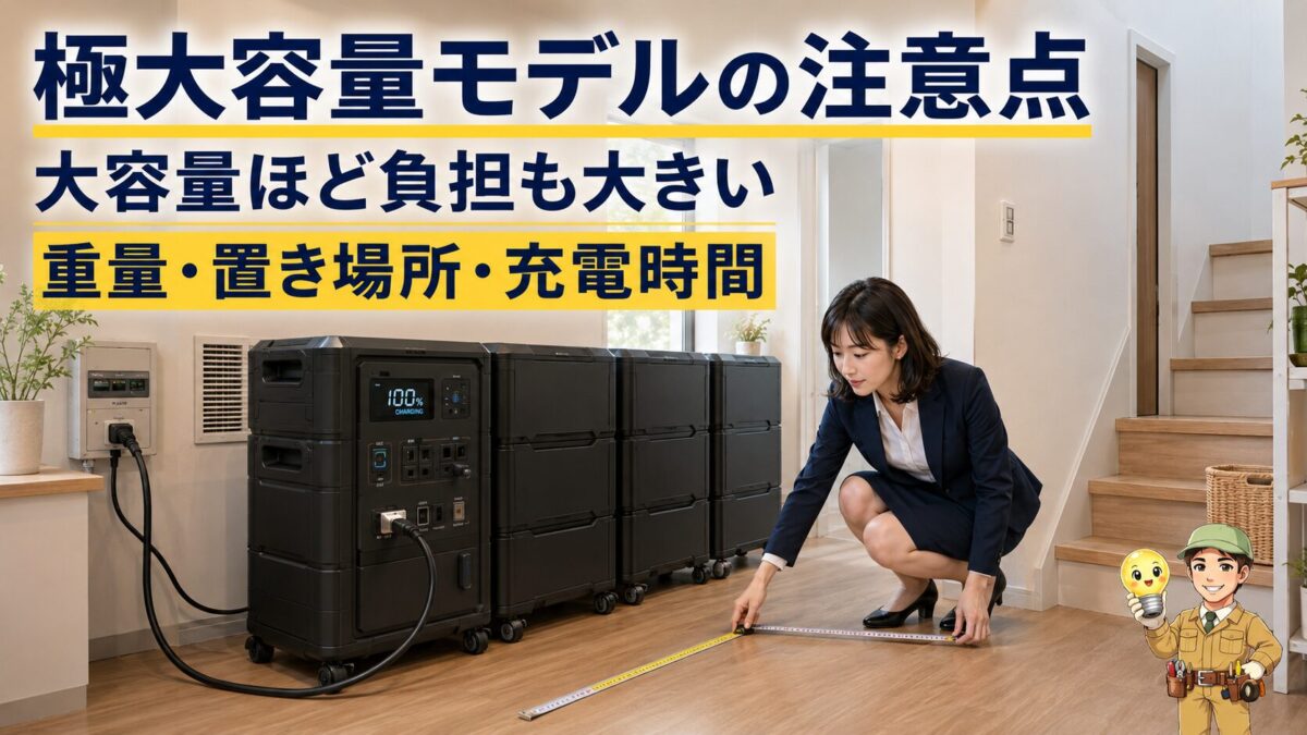 極大容量ポータブル電源の重量と設置スペースの負担を示す画像