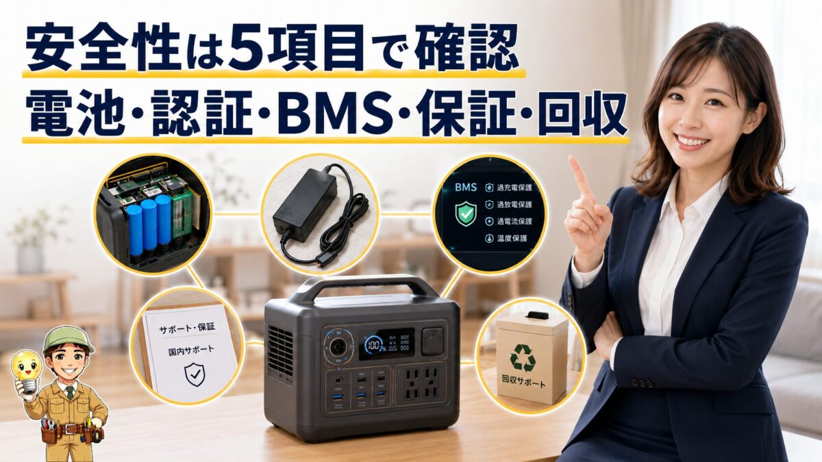 電池や認証、BMS、保証、回収体制の5項目で安全性を確認する画像