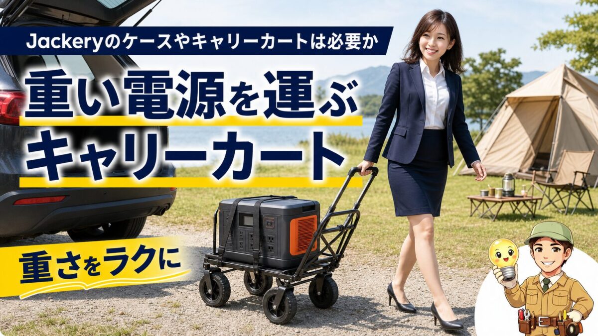 重い大容量ポータブル電源をキャリーカートで楽に運ぶイメージ