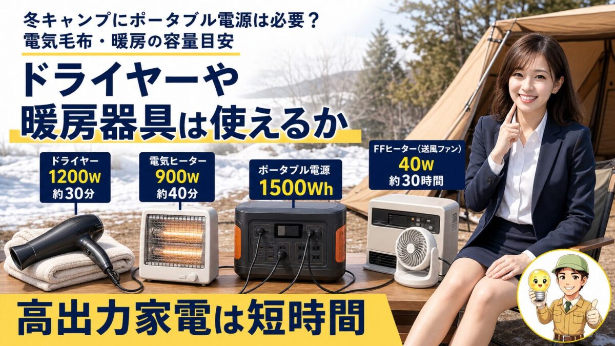 ドライヤーや電気暖房を接続した冬キャンプ用ポータブル電源