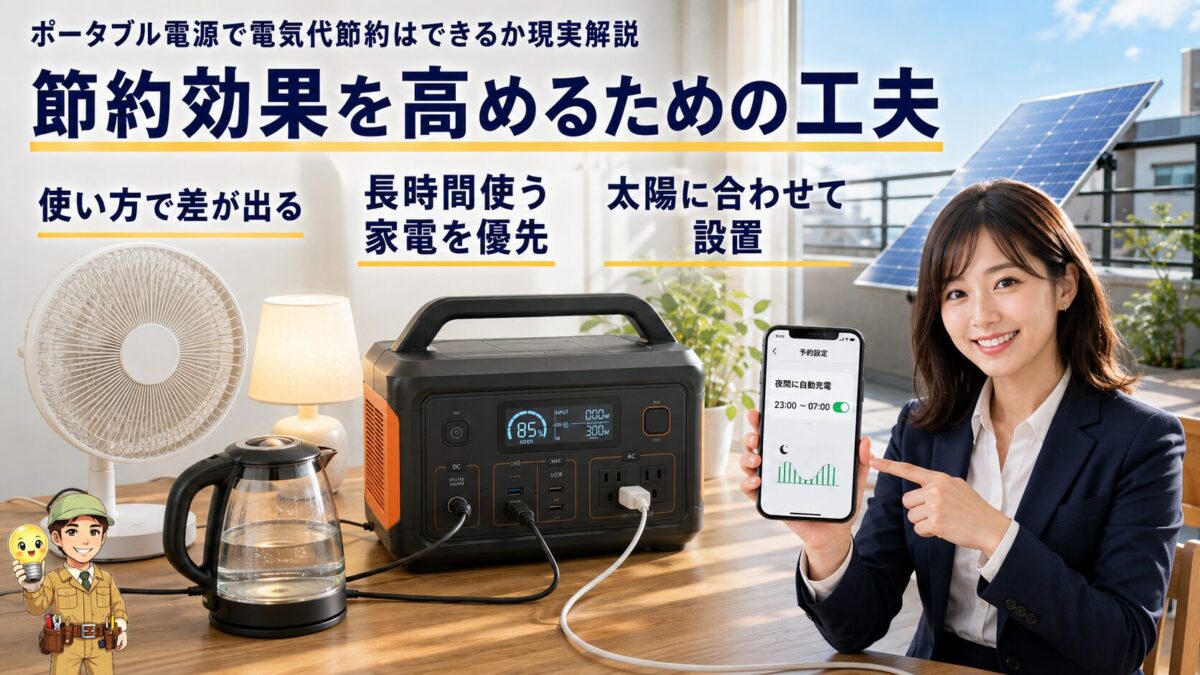 家電の使用時間やソーラーパネルの設置を工夫して節約効果を高めるイメージ