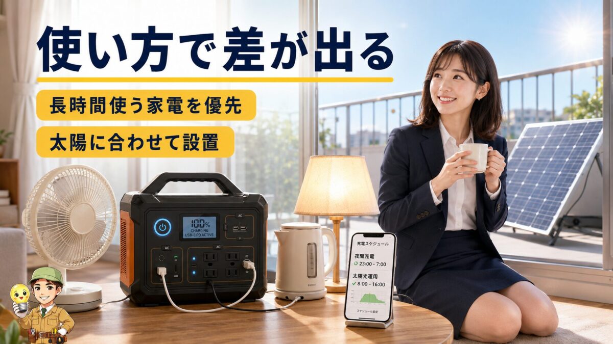 家電の優先順位やソーラーパネルの角度を工夫して節約効果を高めるイメージ