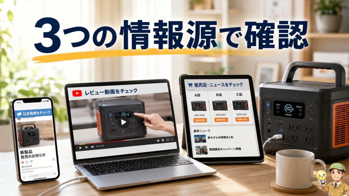 公式SNSと動画レビューと量販店ニュースで新製品情報を確認する画像