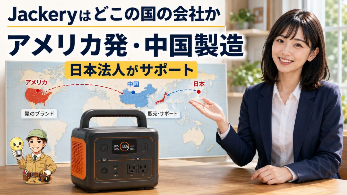 Jackeryがアメリカ発祥で中国製造、日本法人がサポートする体制を示す画像