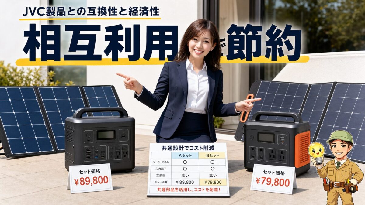 JVC製品とJackery系ソーラーパネルの相互利用を比較するイメージ
